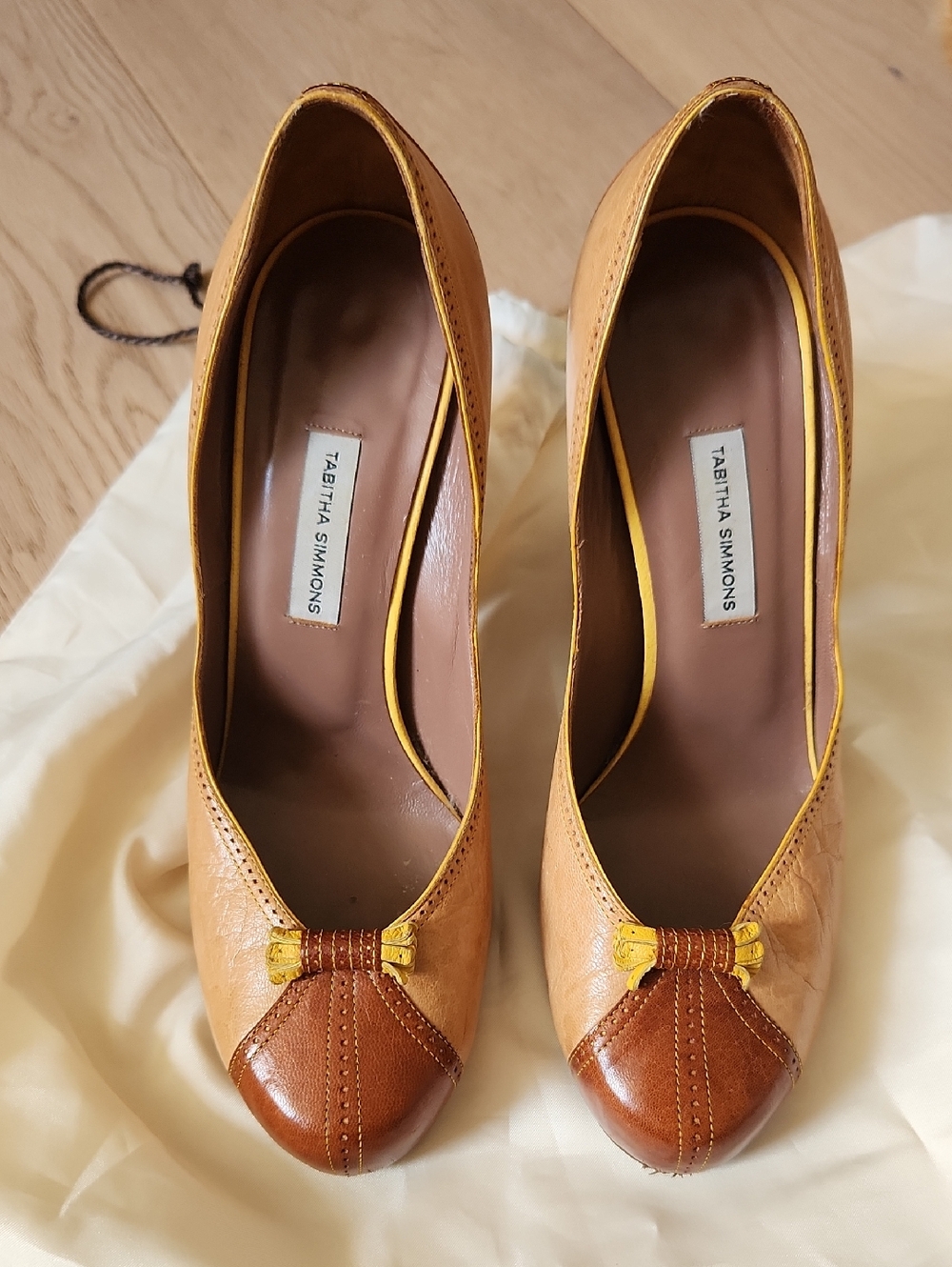 Tabitha Simmons Two-Tone Yellow and Brown Leather Bow Pumps